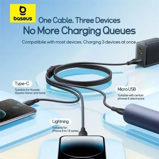 Baseus USB 3-in-1 Kabel met Lightning / USB C / Micro USB 0.8M Zwart afbeelding 3