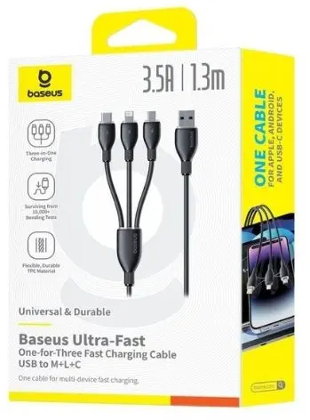 Baseus USB 3-in-1 Kabel met Lightning / USB C / Micro USB 0.8M Zwart afbeelding 7