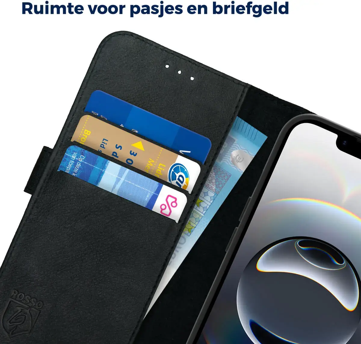 Rosso Deluxe Apple iPhone 17e / 16e Hoesje Echt Leer Book Case Zwart afbeelding 4