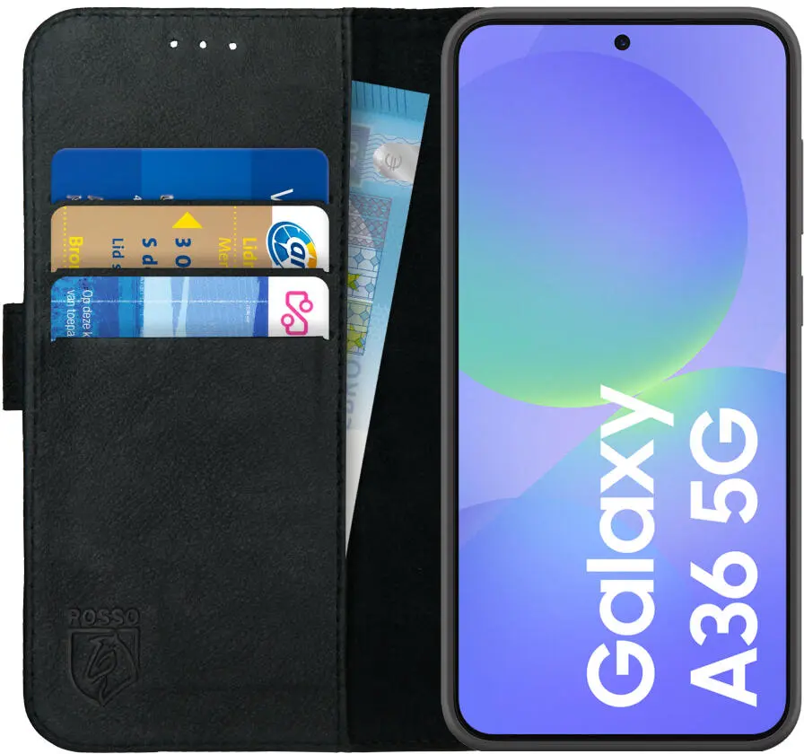 Rosso Deluxe Samsung Galaxy A36 Hoesje Echt Leer Book Case Zwart afbeelding 1