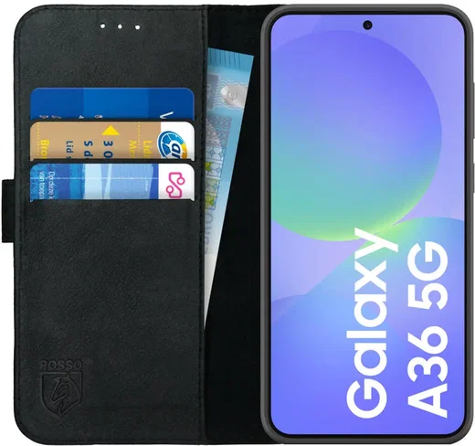 Rosso Deluxe Samsung Galaxy A36 Hoesje Echt Leer Book Case Zwart afbeelding 1