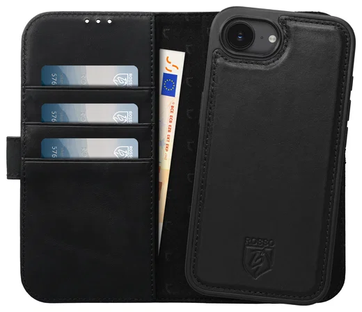 Rosso Elite iPhone 17e / 16e Hoesje met MagSafe Book Case Echt Leer Zwart afbeelding 1