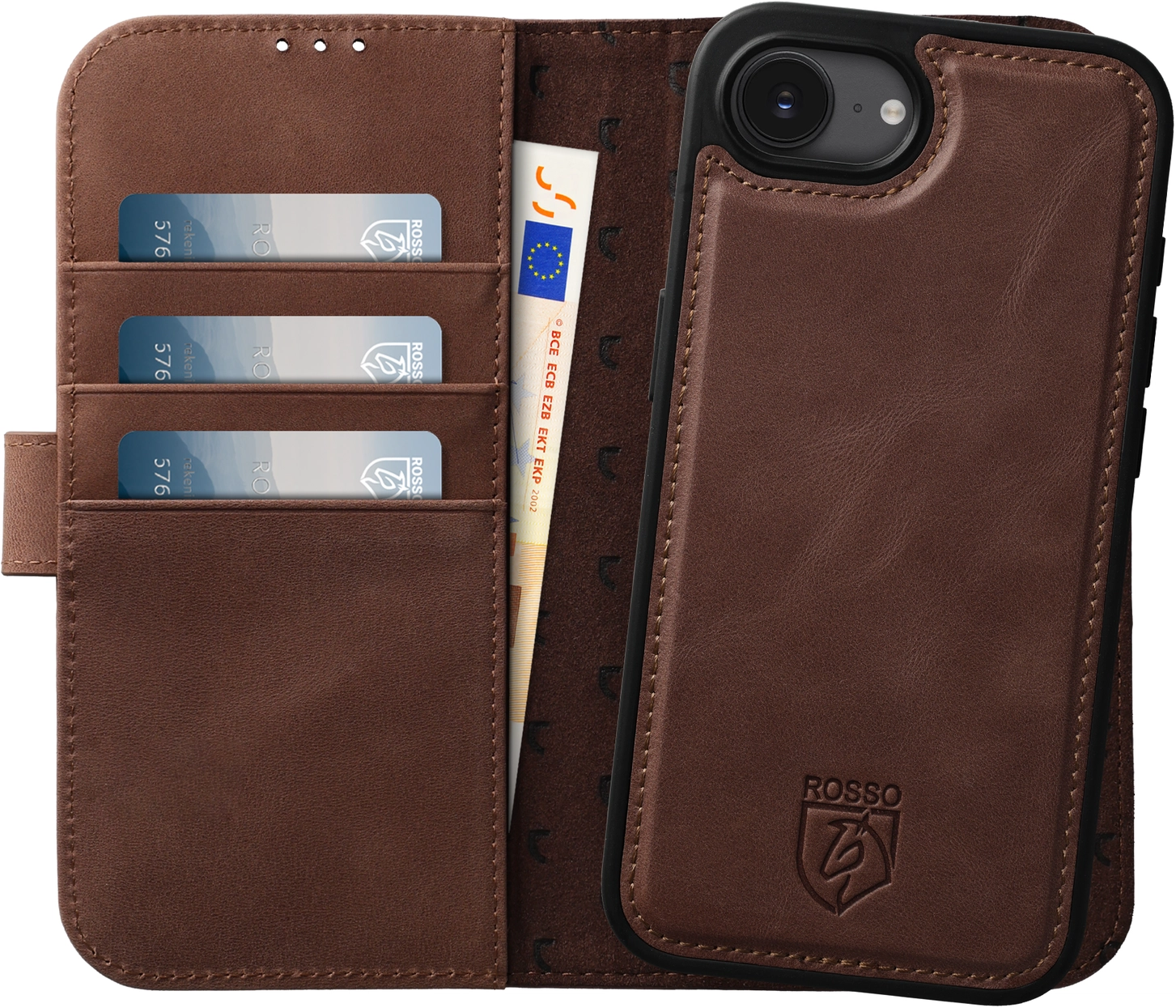 Rosso Elite iPhone 17e / 16e Hoesje met MagSafe Book Case Echt Leer Bruin afbeelding 1