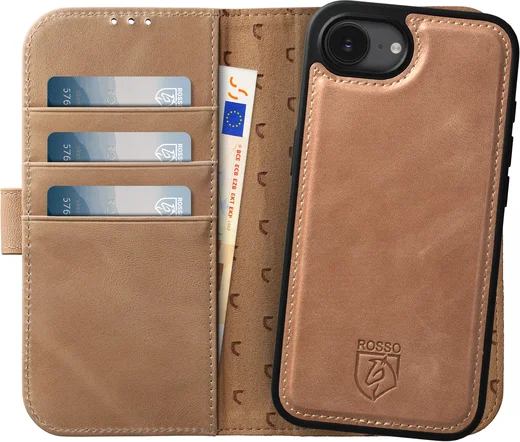 Rosso Elite iPhone 17e / 16e Hoesje met MagSafe Book Case Echt Leer Lichtbruin afbeelding 1