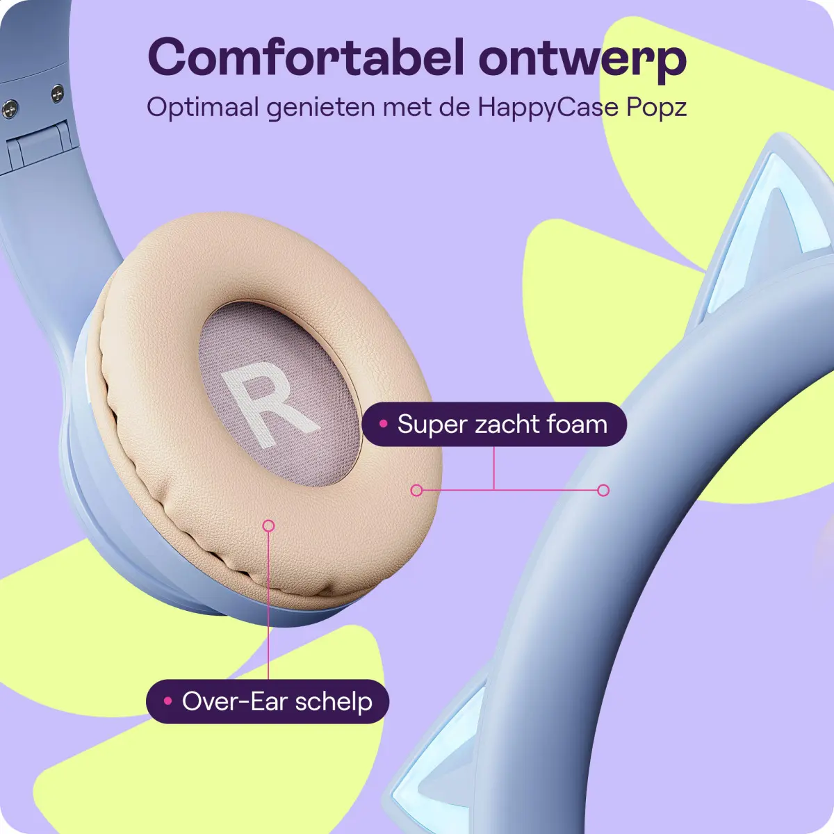 HappyCase Popz Draadloze Kinderkoptelefoon Met Kattenoortjes Paars afbeelding 8