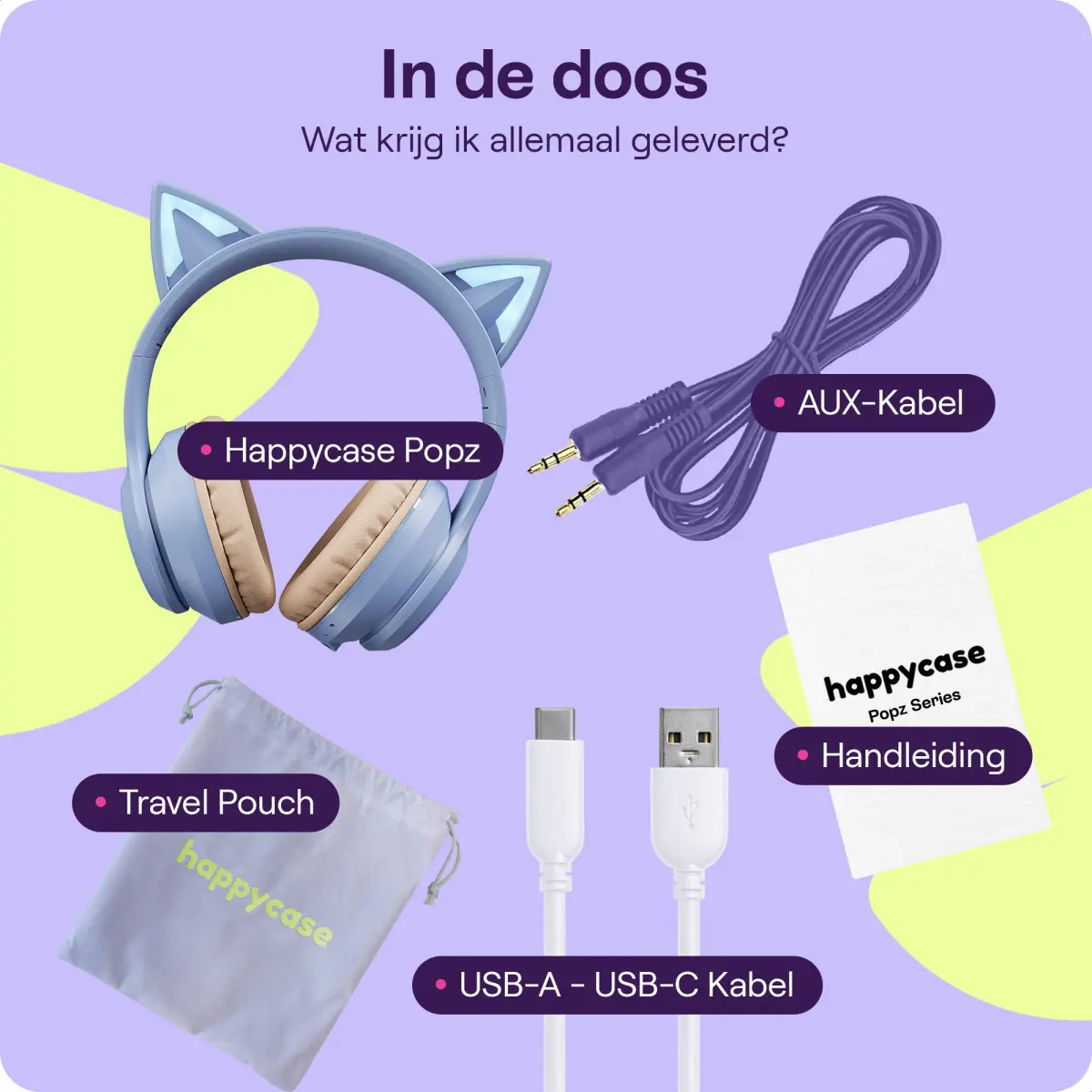 HappyCase Popz Draadloze Kinderkoptelefoon Met Kattenoortjes Paars afbeelding 9
