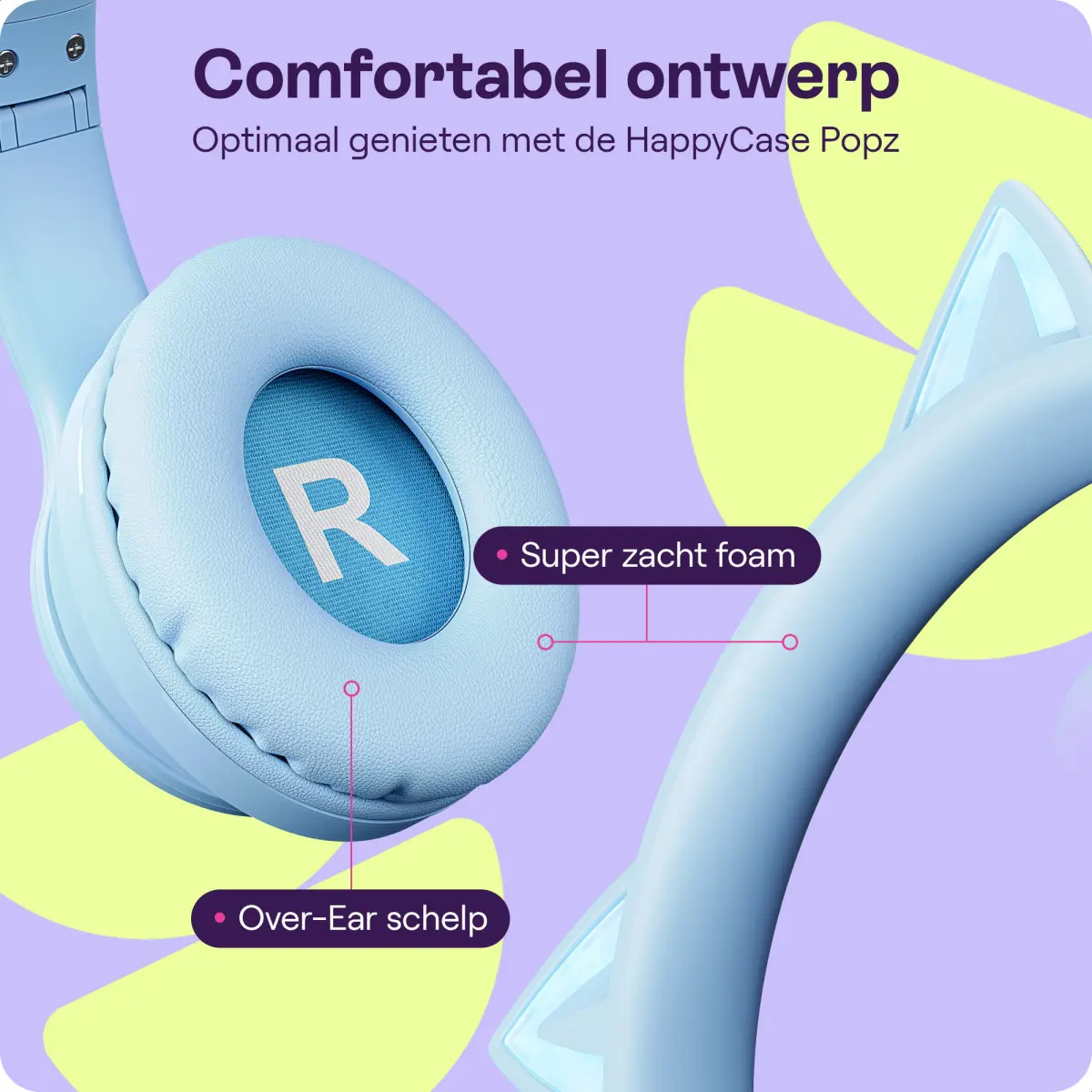 HappyCase Popz Draadloze Kinderkoptelefoon Met Kattenoortjes Blauw afbeelding 8