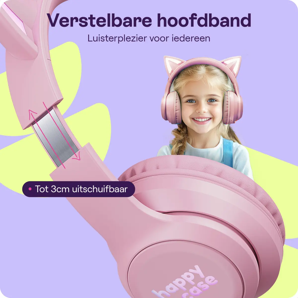 HappyCase Popz Draadloze Kinderkoptelefoon Met Kattenoortjes Roze afbeelding 5