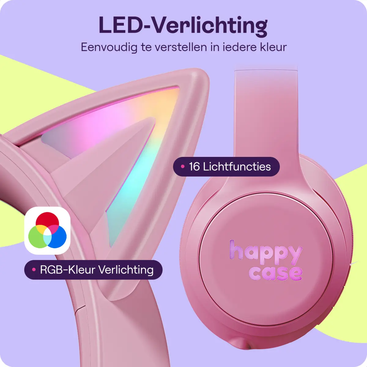 HappyCase Popz Draadloze Kinderkoptelefoon Met Kattenoortjes Roze afbeelding 3