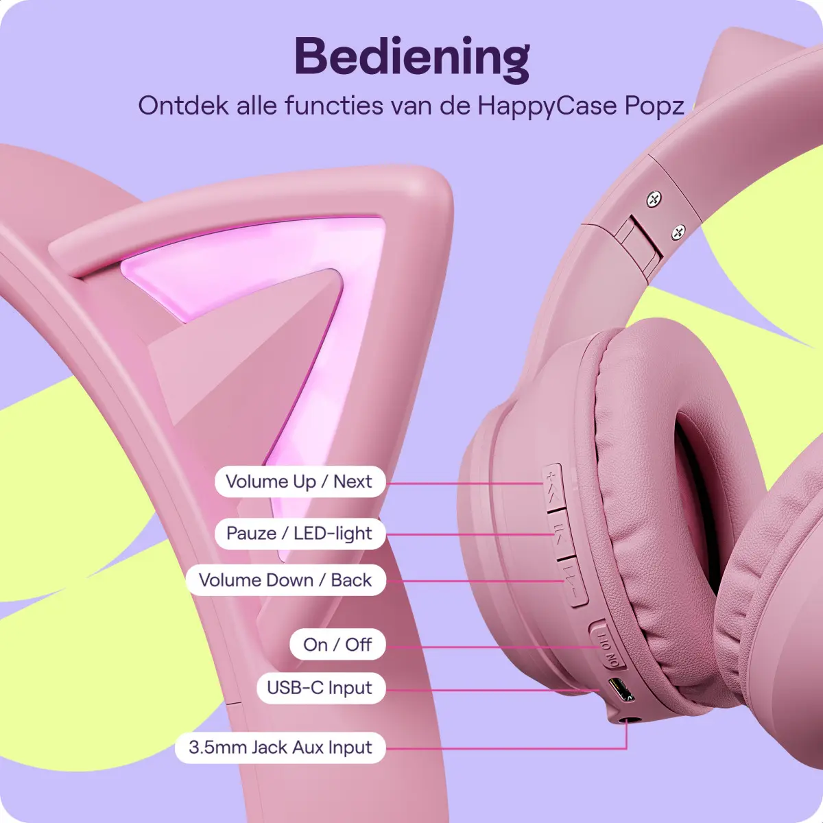 HappyCase Popz Draadloze Kinderkoptelefoon Met Kattenoortjes Roze afbeelding 7