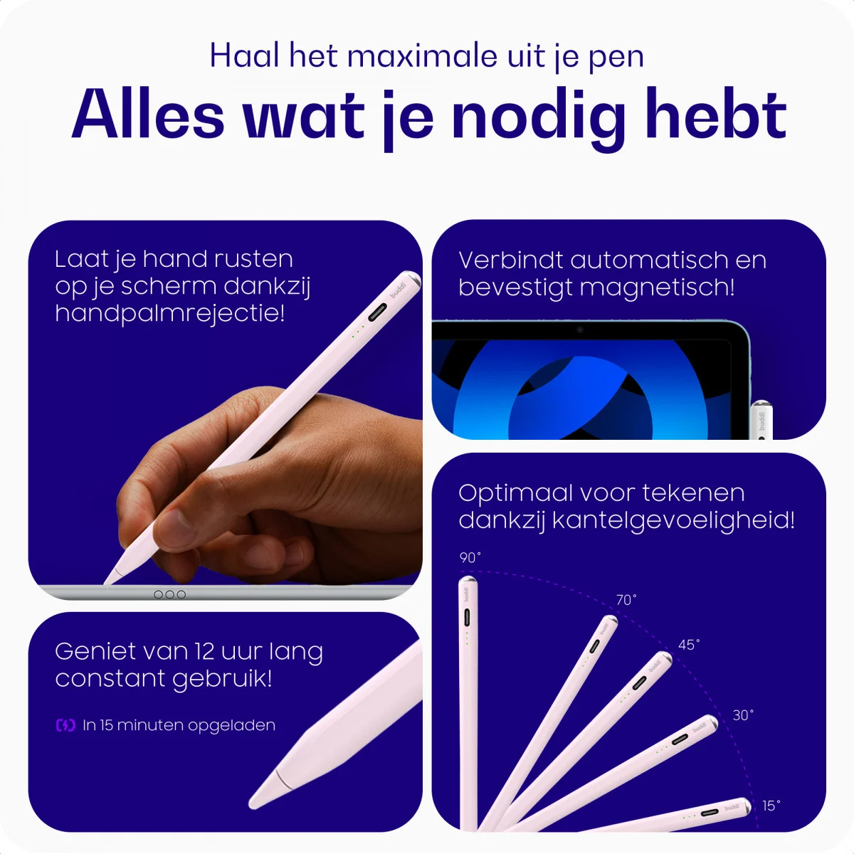 Buddi Wave Actieve Stylus Pen met Handpalmrejectie (voor iPad) Roze afbeelding 4