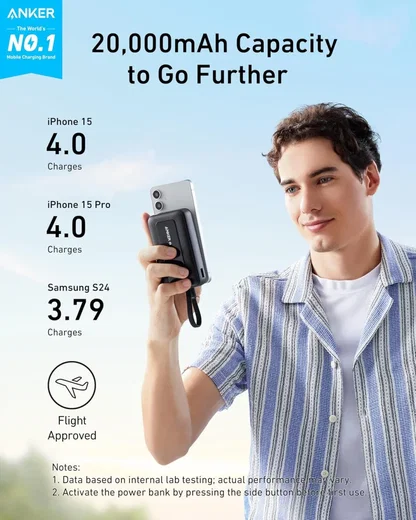 Anker Zolo 30W Powerbank met Ingebouwde Lanyard USB-C Kabel 20.000 mAh Zwart afbeelding 2