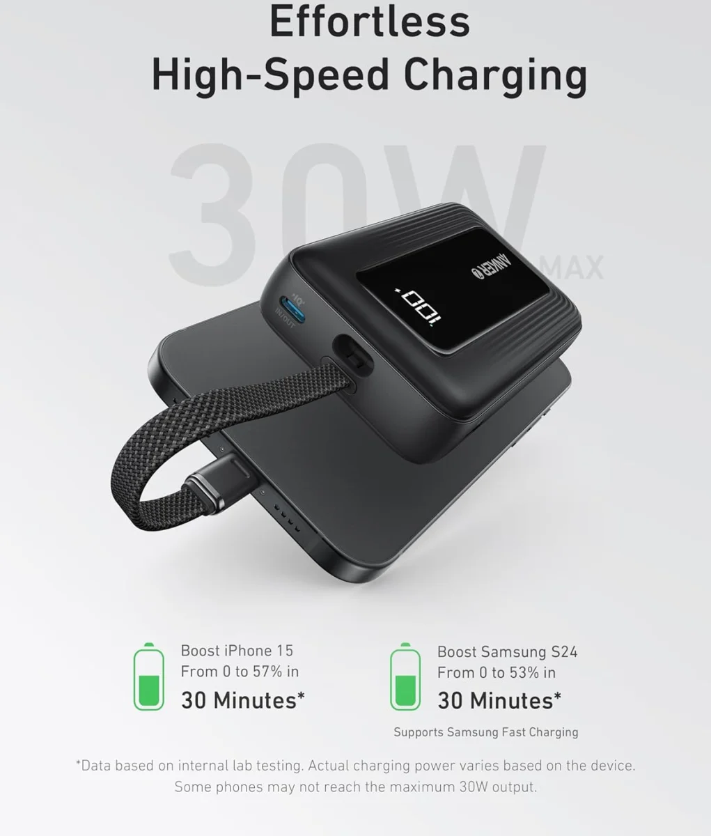 Anker Zolo 30W Powerbank met Ingebouwde Lanyard USB-C Kabel 20.000 mAh Zwart afbeelding 7
