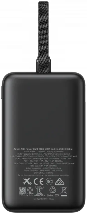 Anker Zolo 30W Powerbank met Ingebouwde Lanyard USB-C Kabel 20.000 mAh Zwart afbeelding 10