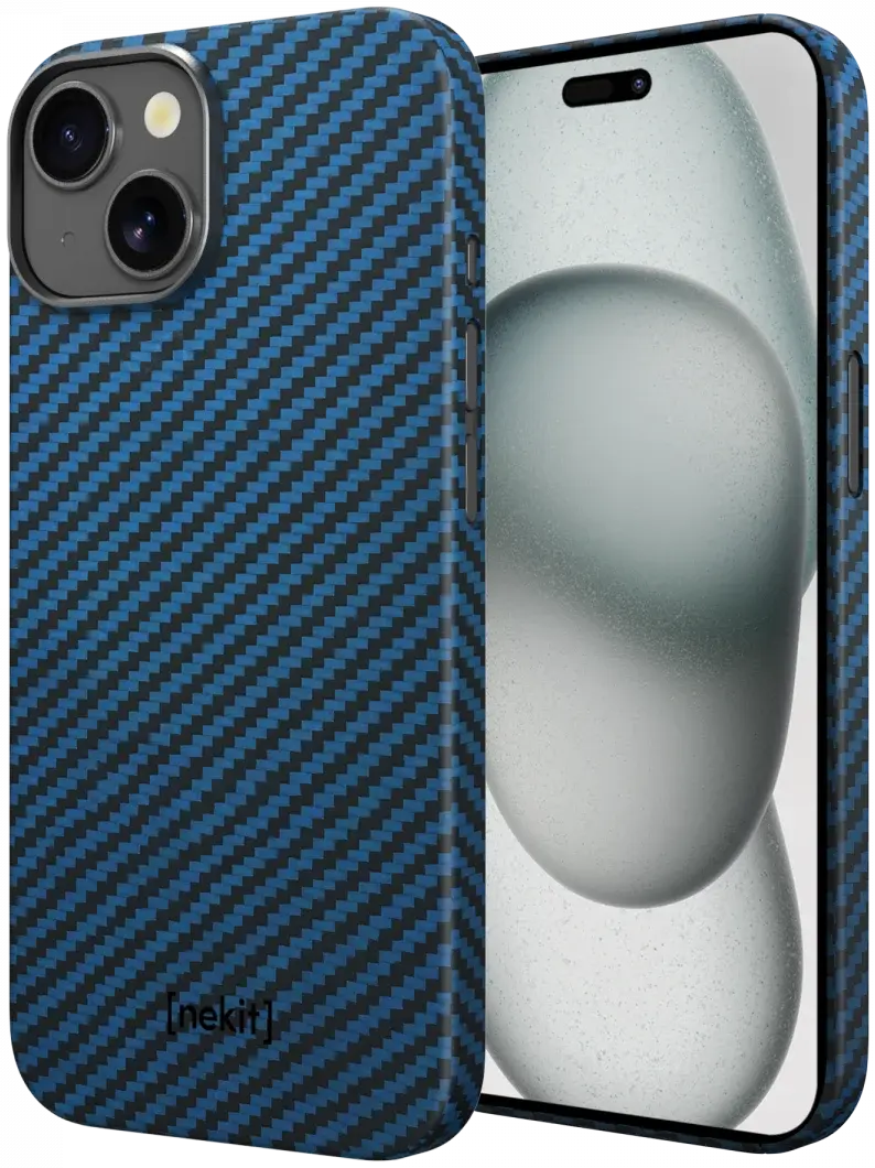 NEKIT Fiber Apple iPhone 15 Hoesje MagSafe Kevlar Back Cover Dun Blauw afbeelding 2