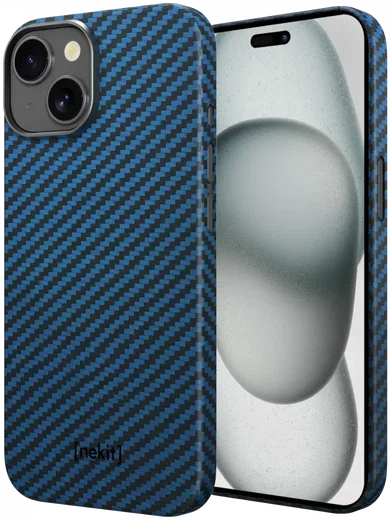 NEKIT Fiber Apple iPhone 15 Hoesje MagSafe Kevlar Back Cover Dun Blauw afbeelding 2