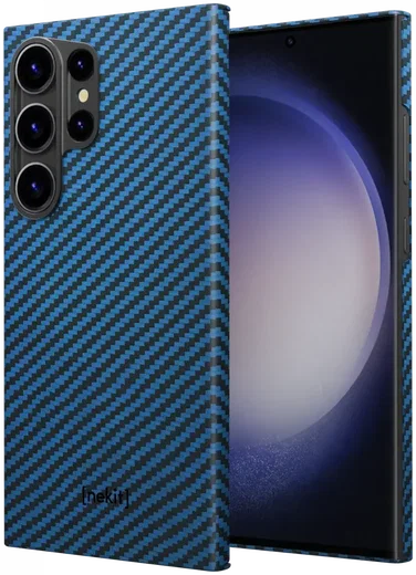 NEKIT Fiber Samsung Galaxy S23 Ultra Hoesje MagSafe Kevlar Back Cover Dun Blauw afbeelding 2