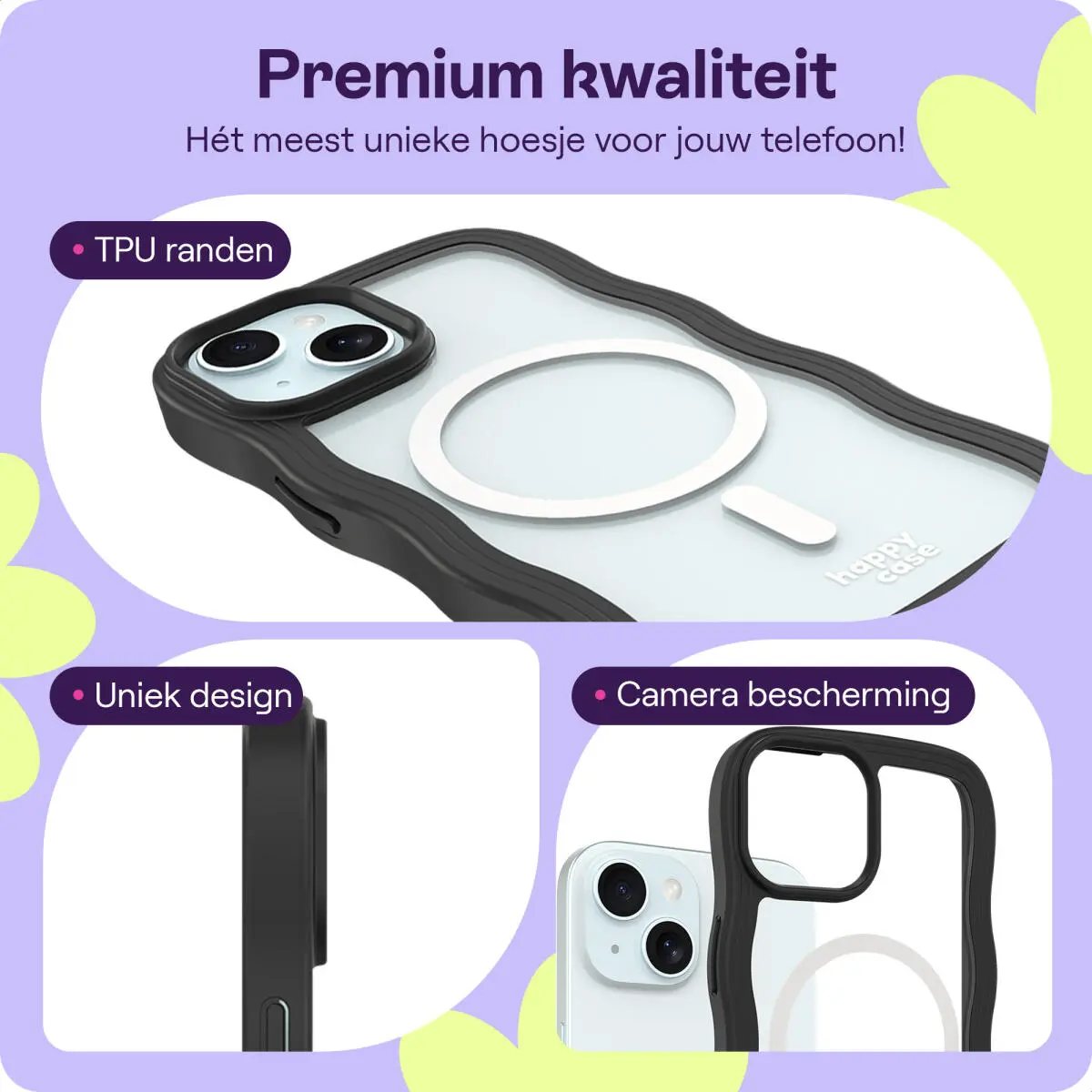 HappyCase Wavy Apple iPhone 17e/16e/14/13 Hoesje MagSafe Back Cover Zwart afbeelding 3