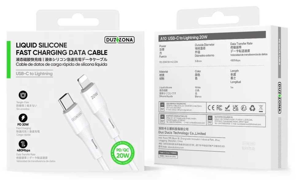 Duzzona A10 20W USB-C naar Lightning Kabel Power Delivery 1M Wit afbeelding 9