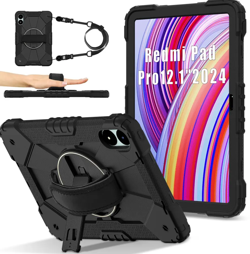 Xiaomi Redmi Pad Pro / Poco Pad Hoes Back Cover met Kickstand en Handriem Zwart afbeelding 1