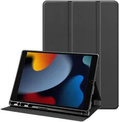 Apple iPad 10.2 (2019/2020/2021) Hoes Luxe Tri-Fold Book Case Kunst Leer Zwart afbeelding