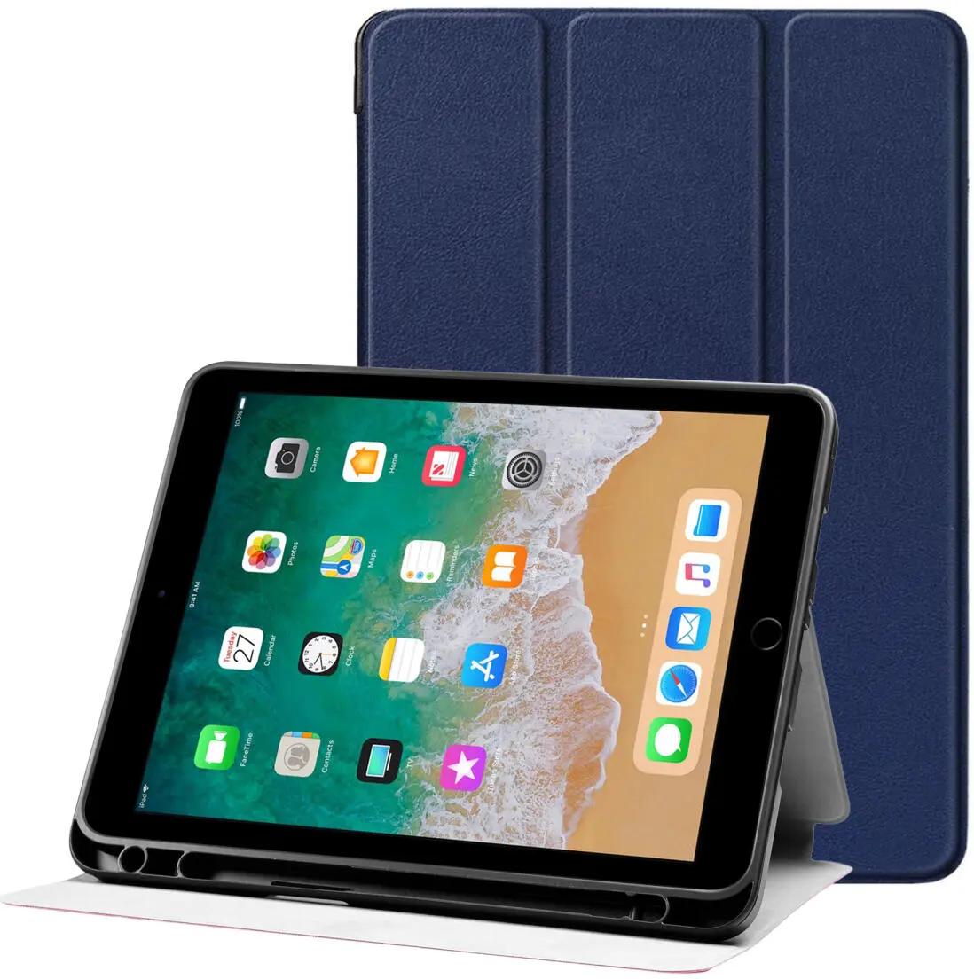 Apple iPad 9.7 2017/2018/Air/Air 2 Hoes Luxe Tri-Fold Book Case Kunst Leer Blauw afbeelding 1