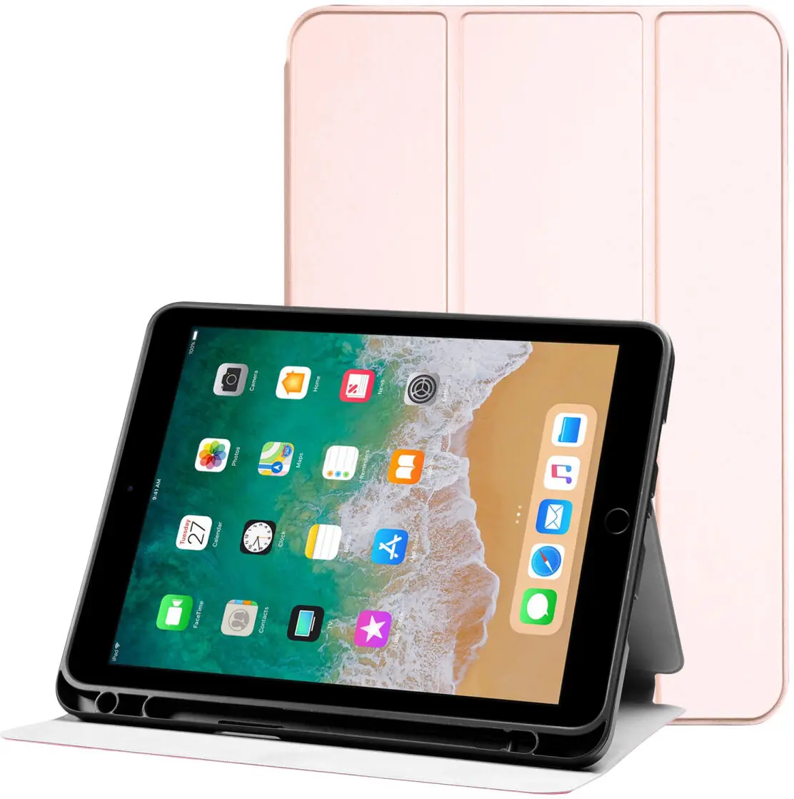Apple iPad 9.7 2017/2018/Air/Air 2 Hoes Luxe Tri-Fold Book Case Kunst Leer Roze afbeelding 1