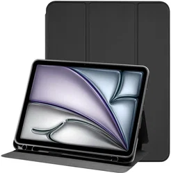 Apple iPad Air 11 (2024/2025/2026) Hoes Luxe Tri-Fold Book Case Kunst Leer Zwart afbeelding
