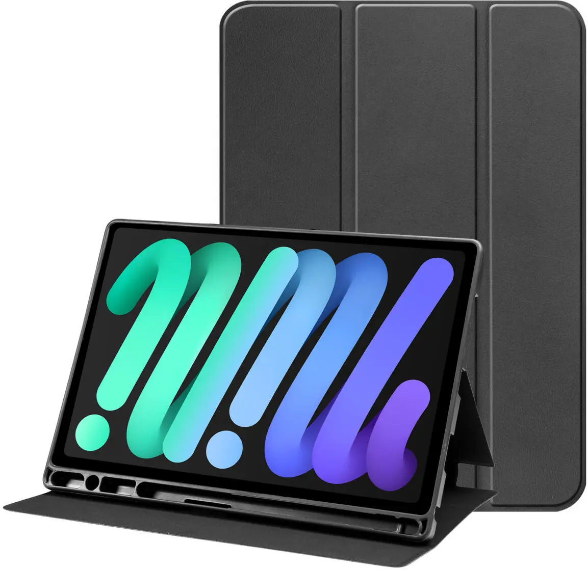 Apple iPad Mini 6 / 7 Hoes Luxe Tri-Fold Book Case Kunst Leer Zwart afbeelding 1