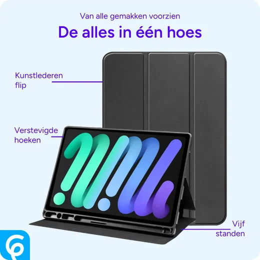 Apple iPad Mini 6 / 7 Hoes Luxe Tri-Fold Book Case Kunst Leer Zwart afbeelding 2