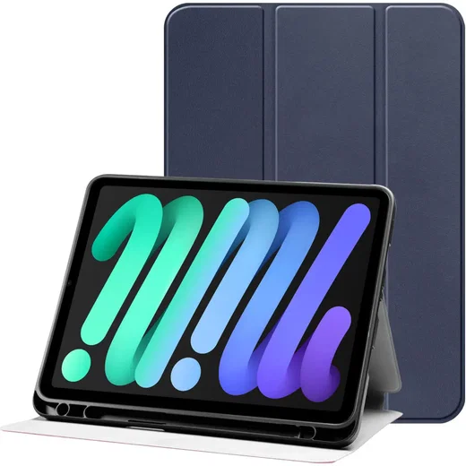 Apple iPad Mini 6 / 7 Hoes Luxe Tri-Fold Book Case Kunst Leer Blauw afbeelding 1