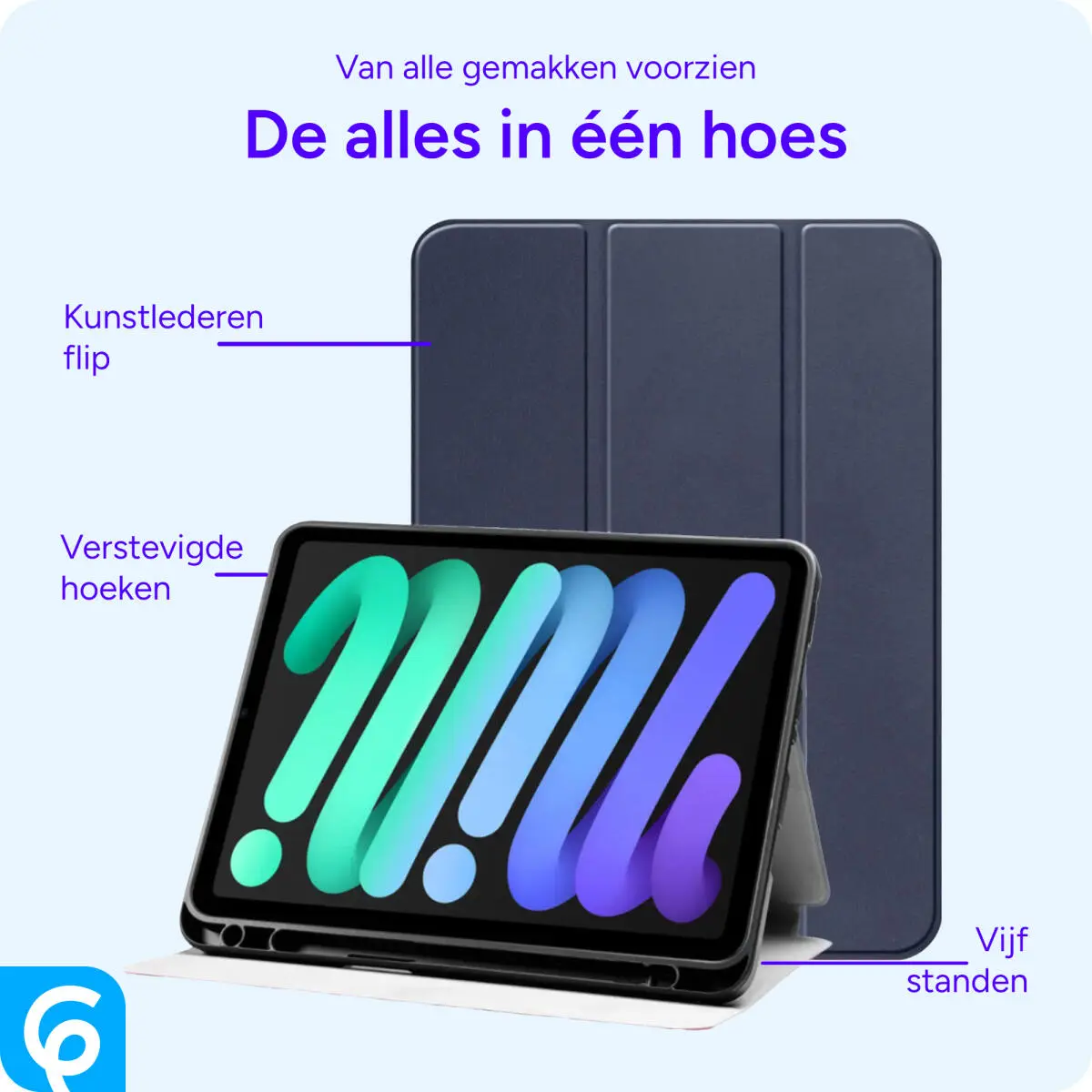 Apple iPad Mini 6 / 7 Hoes Luxe Tri-Fold Book Case Kunst Leer Blauw afbeelding 2