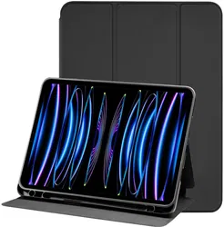 Apple iPad Pro 11 Hoes Luxe Tri-Fold Book Case Kunst Leer Zwart afbeelding