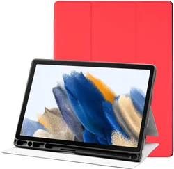 Samsung Galaxy Tab A8 Hoes Luxe Tri-Fold Book Case Kunst Leer Rood afbeelding