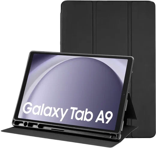 Samsung Galaxy Tab A9 Hoes Luxe Tri-Fold Book Case Kunst Leer Zwart afbeelding 1