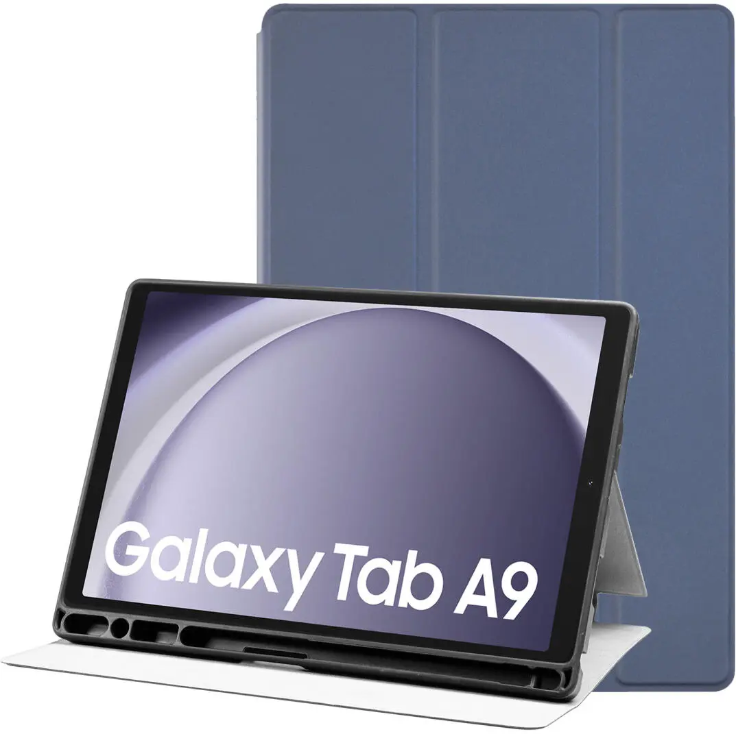 Samsung Galaxy Tab A9 Hoes Luxe Tri-Fold Book Case Kunst Leer Blauw afbeelding 1