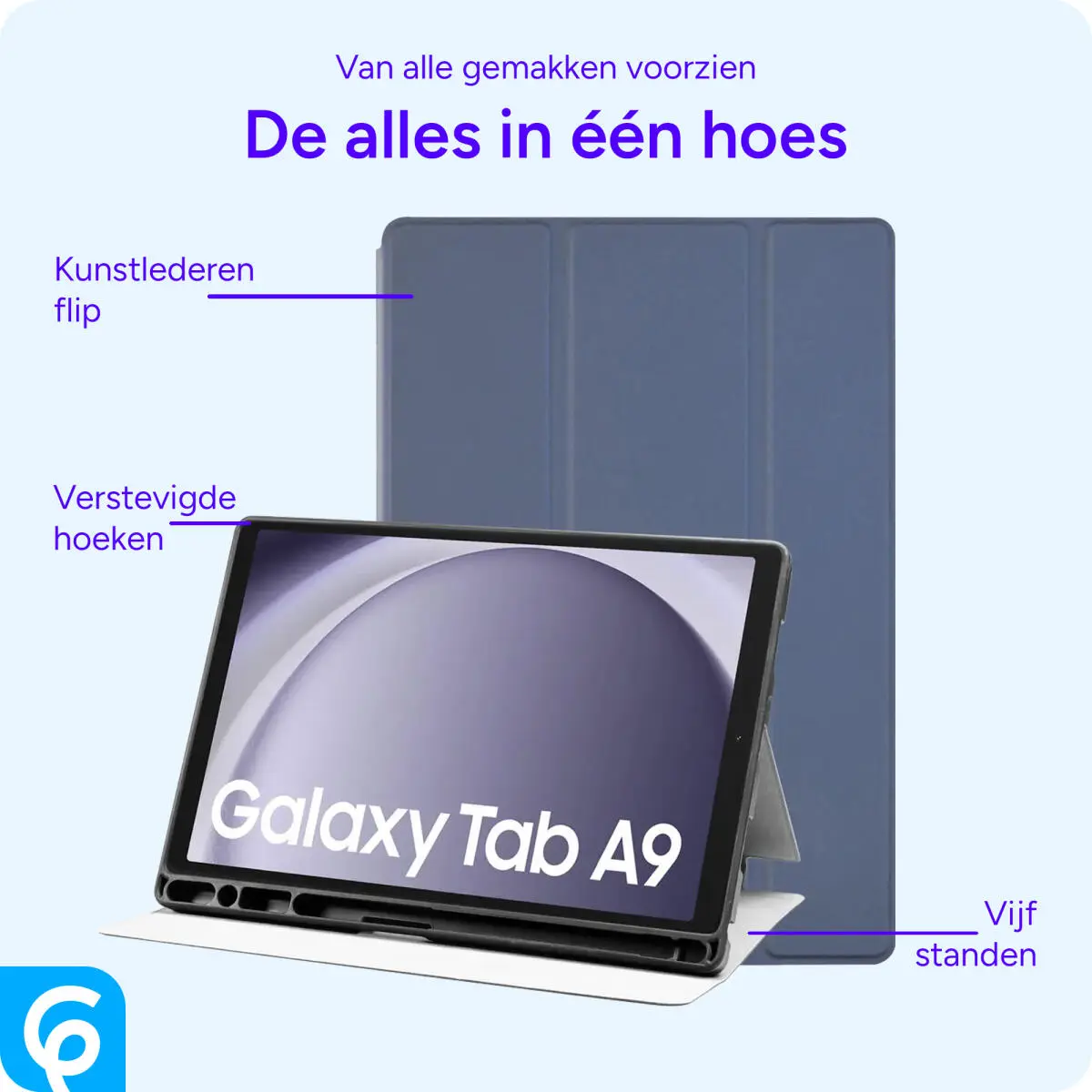 Samsung Galaxy Tab A9 Hoes Luxe Tri-Fold Book Case Kunst Leer Blauw afbeelding 5