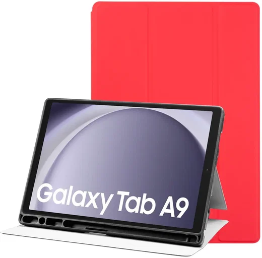 Samsung Galaxy Tab A9 Hoes Luxe Tri-Fold Book Case Kunst Leer Rood afbeelding 1