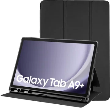 Samsung Galaxy Tab A9 Plus Hoes Luxe Tri-Fold Book Case Kunst Leer Zwart