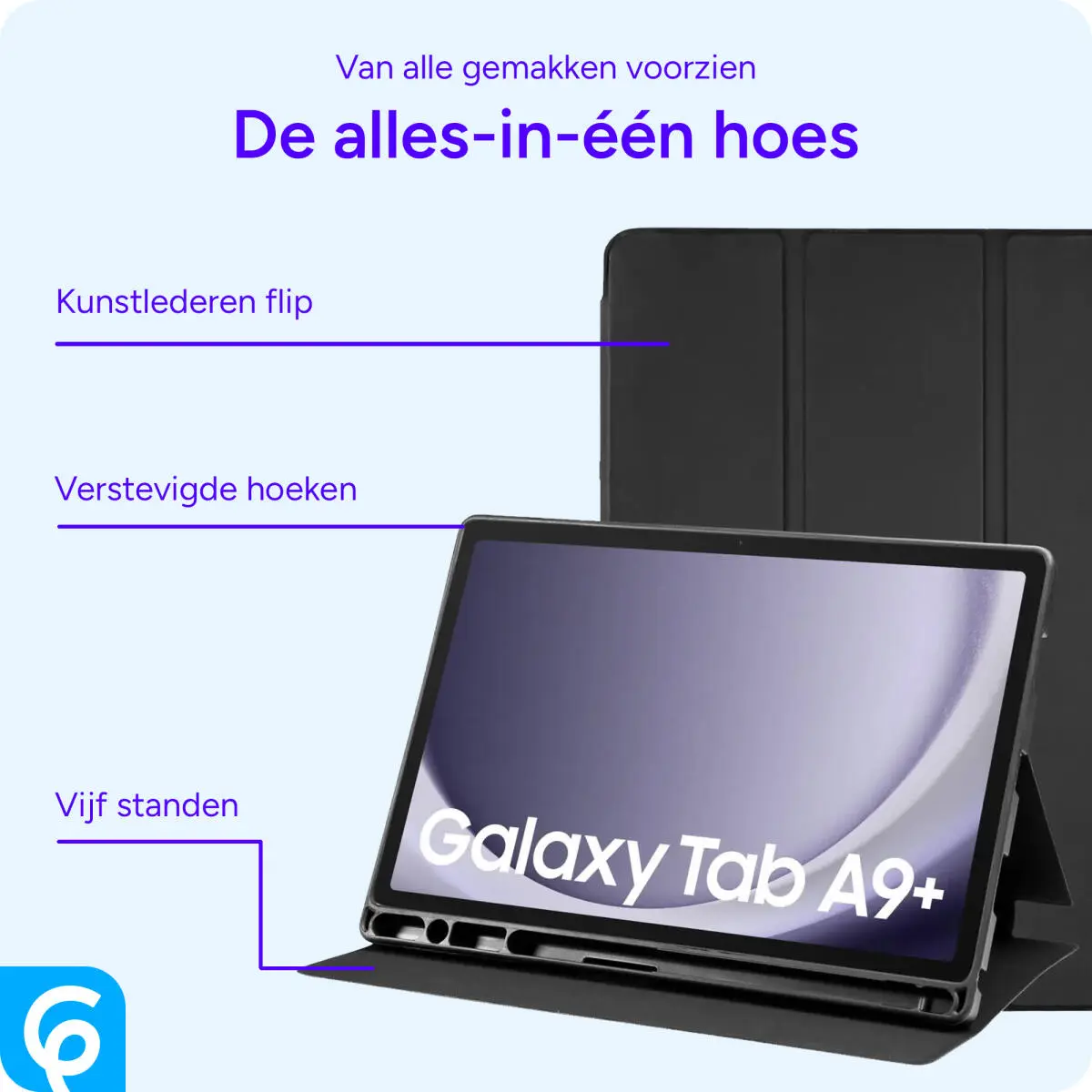 Samsung Galaxy Tab A9 Plus Hoes Luxe Tri-Fold Book Case Kunst Leer Zwart afbeelding 3