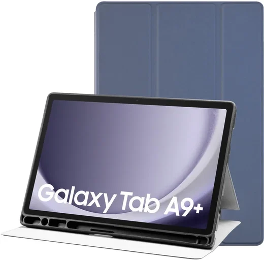 Samsung Galaxy Tab A9 Plus Hoes Luxe Tri-Fold Book Case Kunst Leer Blauw afbeelding 1