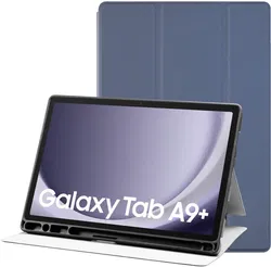 Samsung Galaxy Tab A9 Plus Hoes Luxe Tri-Fold Book Case Kunst Leer Blauw afbeelding