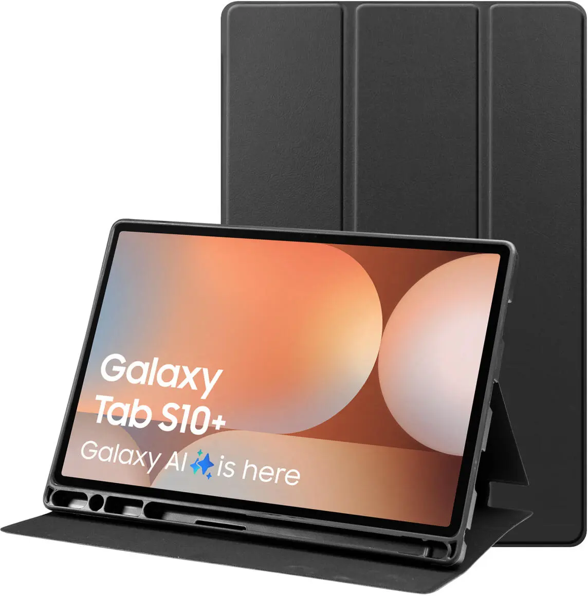 Samsung Galaxy Tab S10+/S9+/S9 FE+ Hoes Luxe Tri-Fold Book Case Kunst Leer Zwart afbeelding 1
