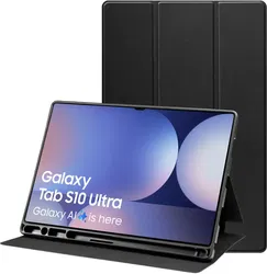 Samsung Tab S10 Ultra / S9 Ultra Hoes Luxe Tri-Fold Book Case Kunst Leer Zwart afbeelding