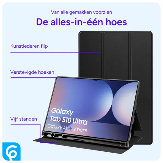 Samsung Tab S10 Ultra / S9 Ultra Hoes Luxe Tri-Fold Book Case Kunst Leer Zwart afbeelding 5