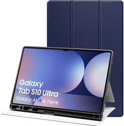 Samsung Tab S10 Ultra / S9 Ultra Hoes Luxe Tri-Fold Book Case Kunst Leer Blauw afbeelding