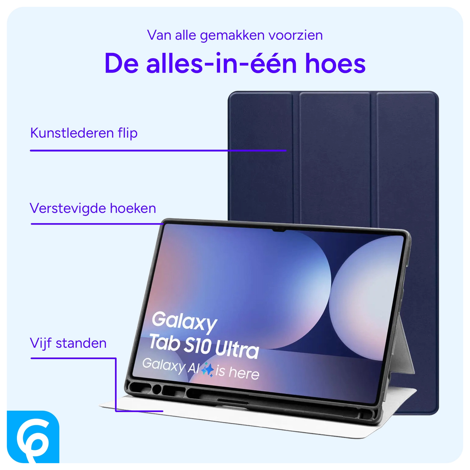 Samsung Tab S10 Ultra / S9 Ultra Hoes Luxe Tri-Fold Book Case Kunst Leer Blauw afbeelding 4