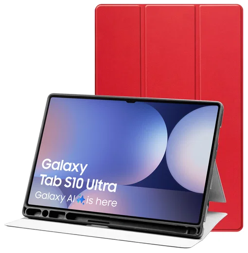 Samsung Tab S10 Ultra / S9 Ultra Hoes Luxe Tri-Fold Book Case Kunst Leer Rood afbeelding 1