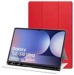 Samsung Tab S10 Ultra / S9 Ultra Hoes Luxe Tri-Fold Book Case Kunst Leer Rood afbeelding