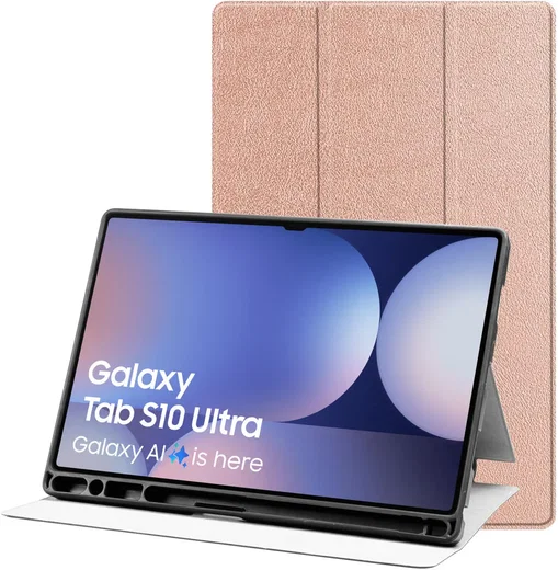 Samsung Tab S10 Ultra / S9 Ultra Hoes Luxe Tri-Fold Book Case Kunst Leer Roze afbeelding 1